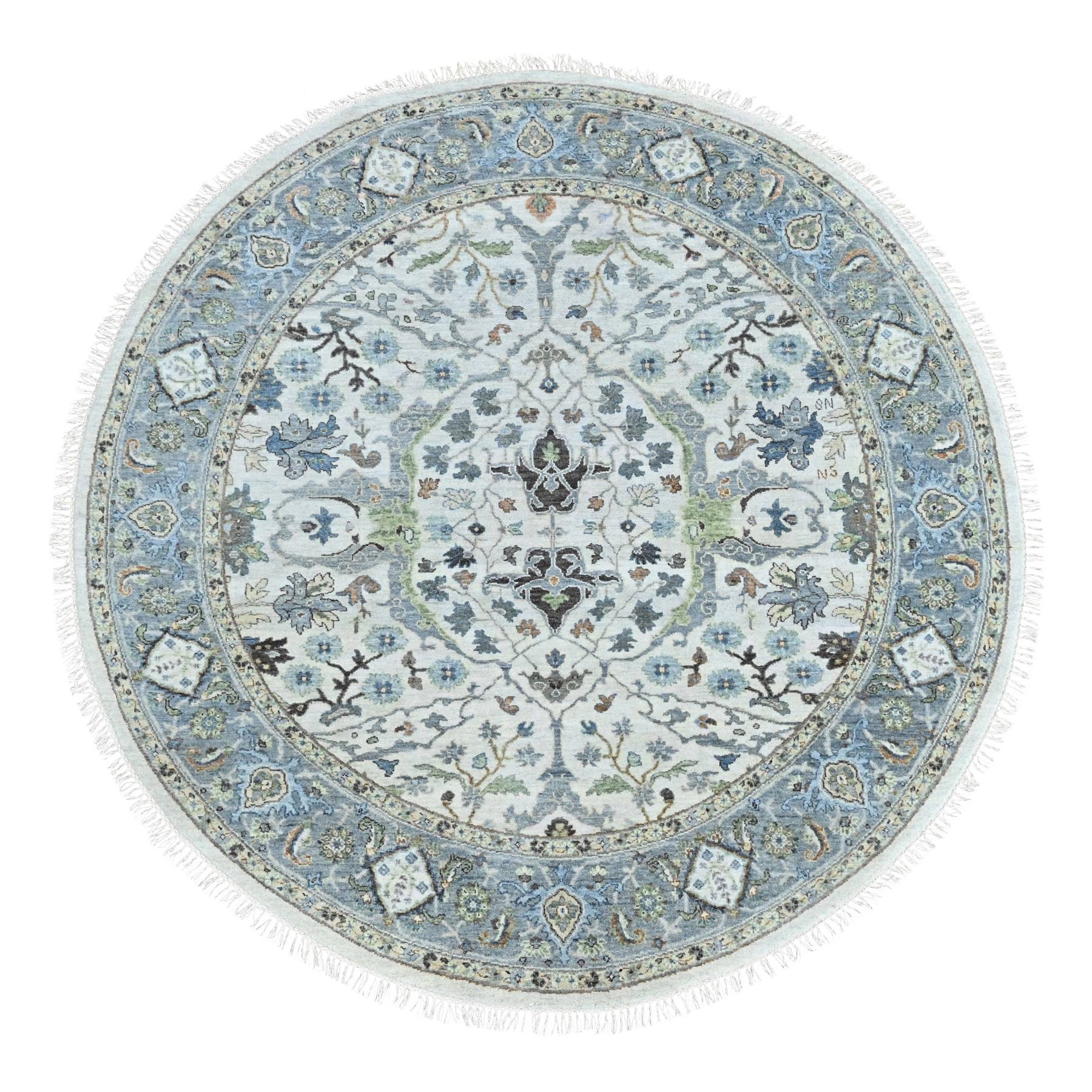 7'x7' Oyster Gray, Denser Weave, Oushak with Floral Motifs, Hand Knotted, Soft Pile, Pure Wool, Round, Oriental Rug 